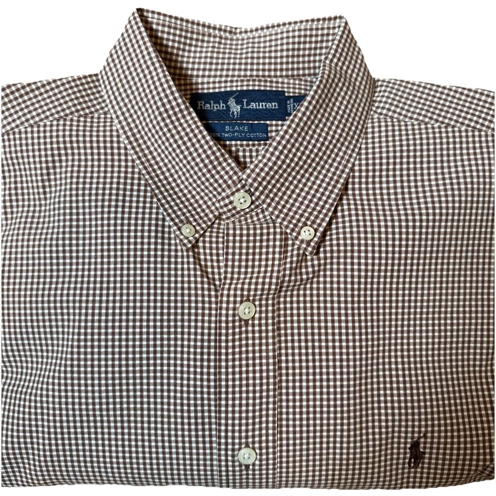 Ralph Lauren XL Blake 100% Two Ply Cotton Button Up Brown Check Preppy‎ Office